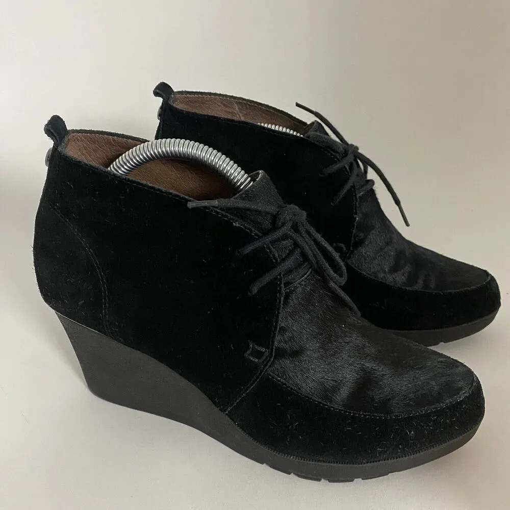 Donald J Pliner Women Sz 8 M Black Suede Nilos Ankle Wedge Booties Boots Lace Up